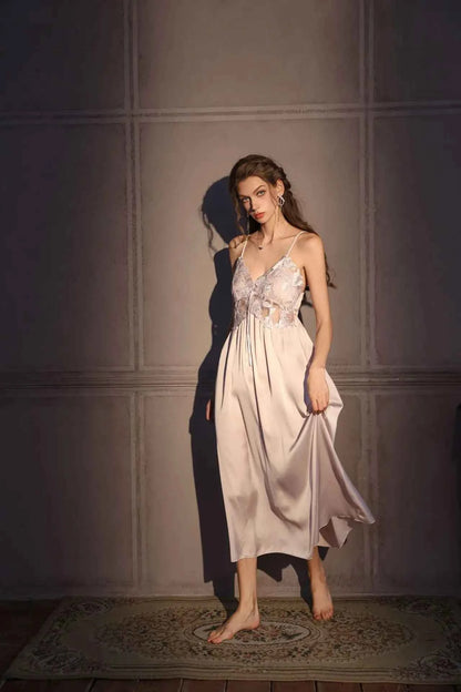 Elegant Female Long Robe Set Nightgown Silky Ice Silk Sleepwear - Urban Heaven Co