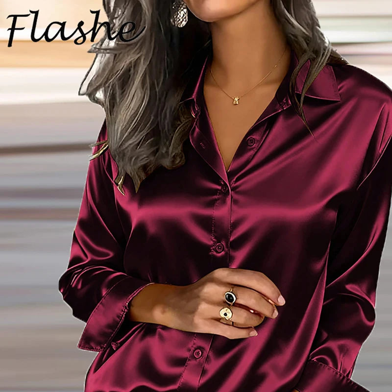 Spring Summer Satin Shirt Women Turn Down Collar Long Sleeve Office Shirt Blouses Ladies Black White Silk Loose Shirt Women - Urban Heaven Co