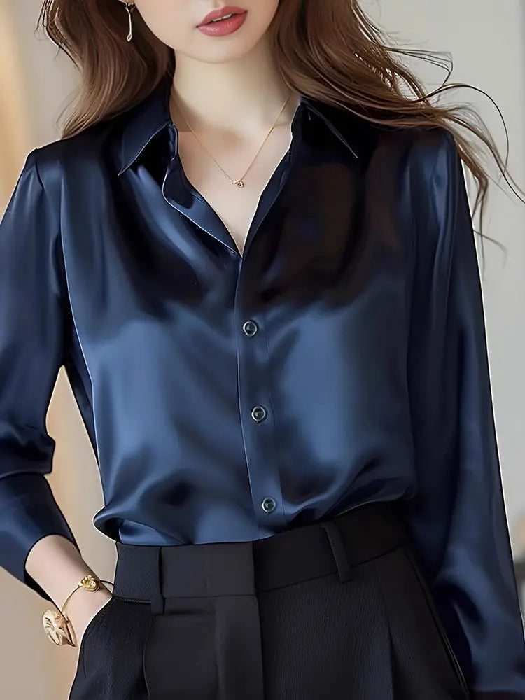 Elegant Silk Office Shirts Women Korean Fashion Y2k Clothes Slim Long Sleeve White Black Blusas Mujer Workwear Tops and Blouses - Urban Heaven Co