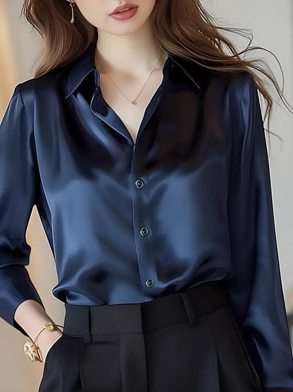Elegant Silk Office Shirts Women Korean Fashion Y2k Clothes Slim Long Sleeve White Black Blusas Mujer Workwear Tops and Blouses - Urban Heaven Co
