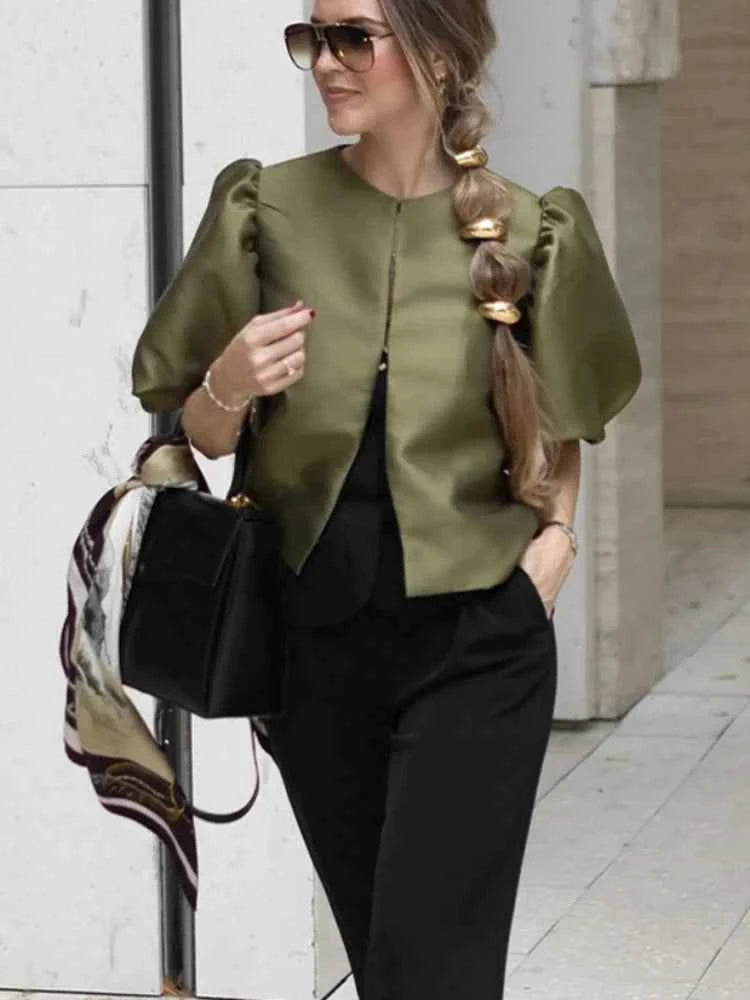 Satin Bubble Sleeves Shirt Women Casual Round Neck Single-breasted Loose Crop Tops Spring Lady Vacation Street Party Blouse - Urban Heaven Co