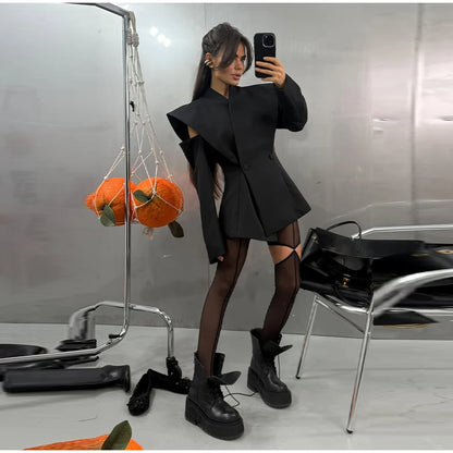 Avant-Garde Women Blazer Solid Jacket with Cutout Shoulders V-neck Full Sleeve for Spring Autumn Fashion Events and Street Style - Urban Heaven Co
