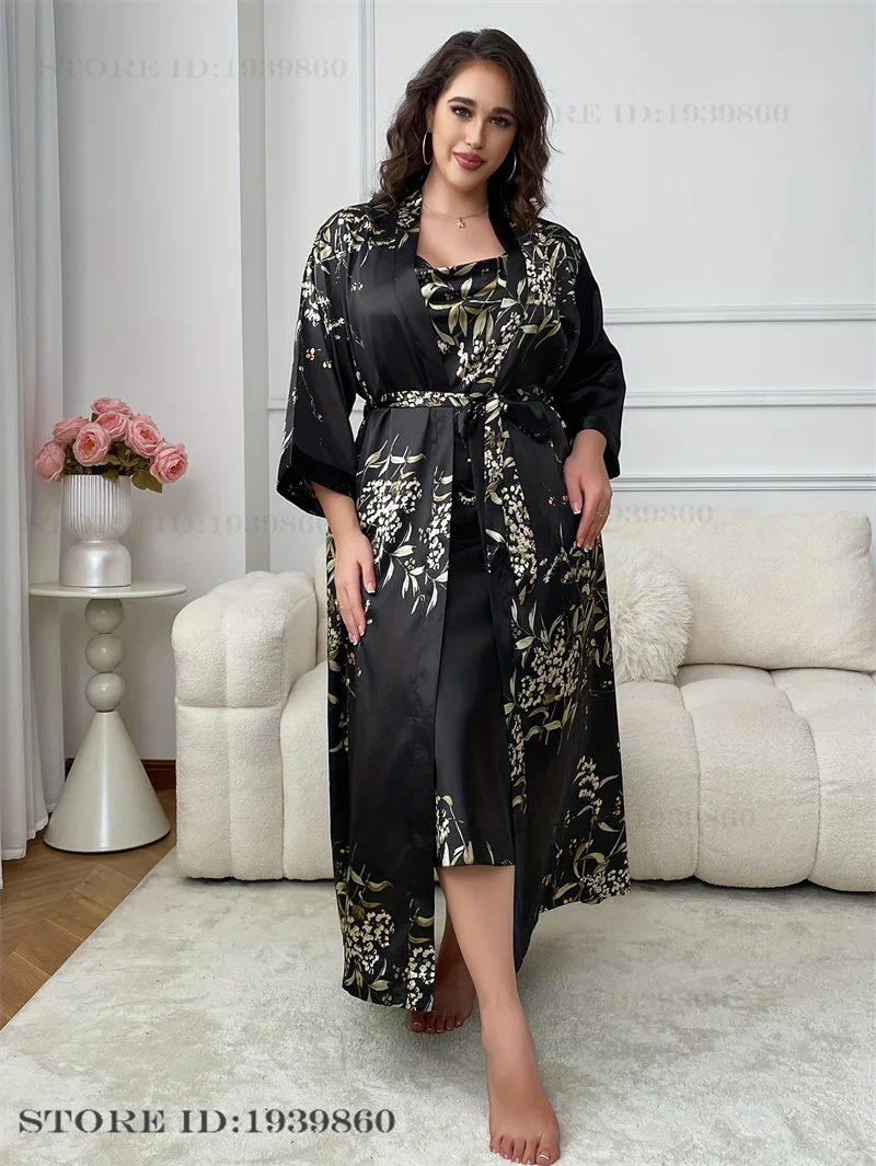 Large Size Female 2Pcs Robe Set Nightgown Print Cherry Long Kimono Bathrobe Gown Sleepwear. - Urban Heaven Co