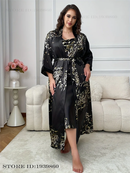 Large Size Female 2Pcs Robe Set Nightgown Print Cherry Long Kimono Bathrobe Gown Sleepwear. - Urban Heaven Co
