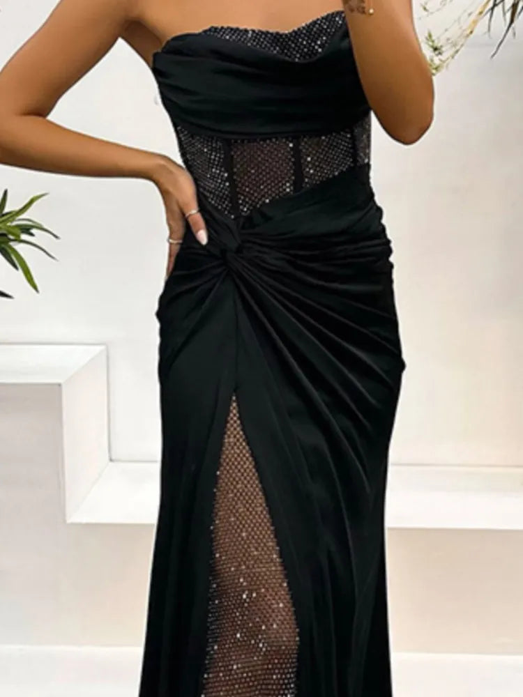 Elegant Strapless Sequin Party Dress for Women - Spring Summer High Slit Fashion Dress - Urban Heaven Co