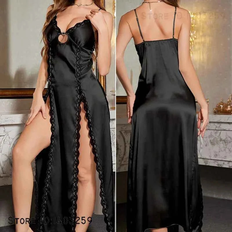 Sexy Split Suspender Nightgown Chemise Sleepwear Summer New Silky Satin Nightdress Intimate Lingerie Female Home Wear Loungewear - Urban Heaven Co