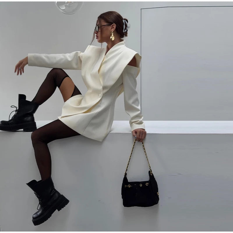 Avant-Garde Women Blazer Solid Jacket with Cutout Shoulders V-neck Full Sleeve for Spring Autumn Fashion Events and Street Style - Urban Heaven Co