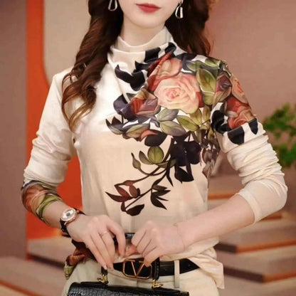 Advanced Sense Spring New High Density Velvet Fashion Flower Long Sleeved Half High Collar Comfortable - Urban Heaven Co