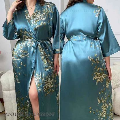 Large Size Female 2Pcs Robe Set Nightgown Print Cherry Long Kimono Bathrobe Gown Sleepwear. - Urban Heaven Co