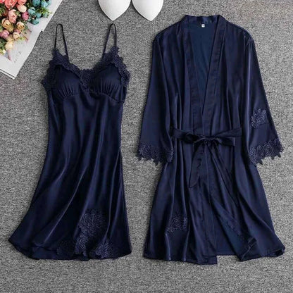 Sexy Lace Trim Nightgown Kimono Bathrobe Gown Loose Silk Satin Home Wear Loungewear Sleepwear Summer New Female Twinset Robe Set - Urban Heaven Co
