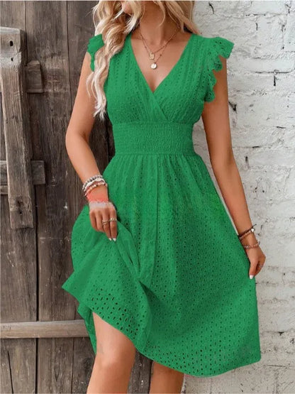 Summer Women V-Neck Beach Dress Flare Sleeve Solid Color Hollow Lace Waist Dress. - Urban Heaven Co