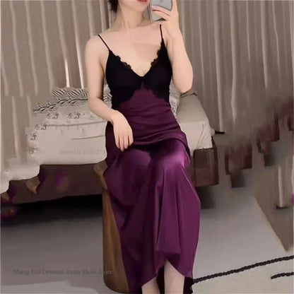 Sexy Femlae Long Robe Nightgown 2PCS Set Spring Summer New Silk Satin Sleepwear Nightdress Lingerie Patchwork Lace Homewear - Urban Heaven Co