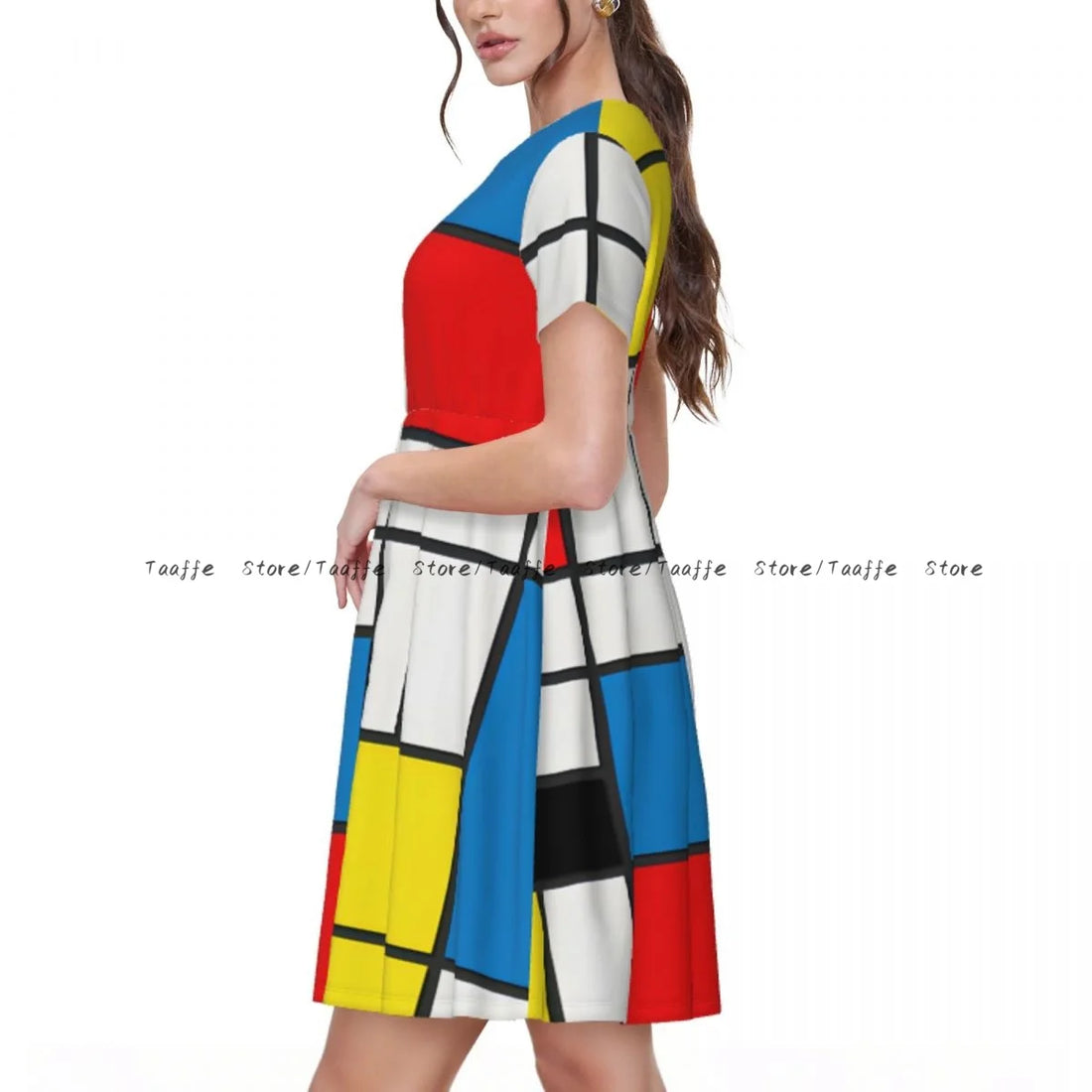 Elegant Women Dress Piet Mondrian Abstract Cubes Turn-down Collar Short Sleeve Body-Shaping Street Robe - Urban Heaven Co