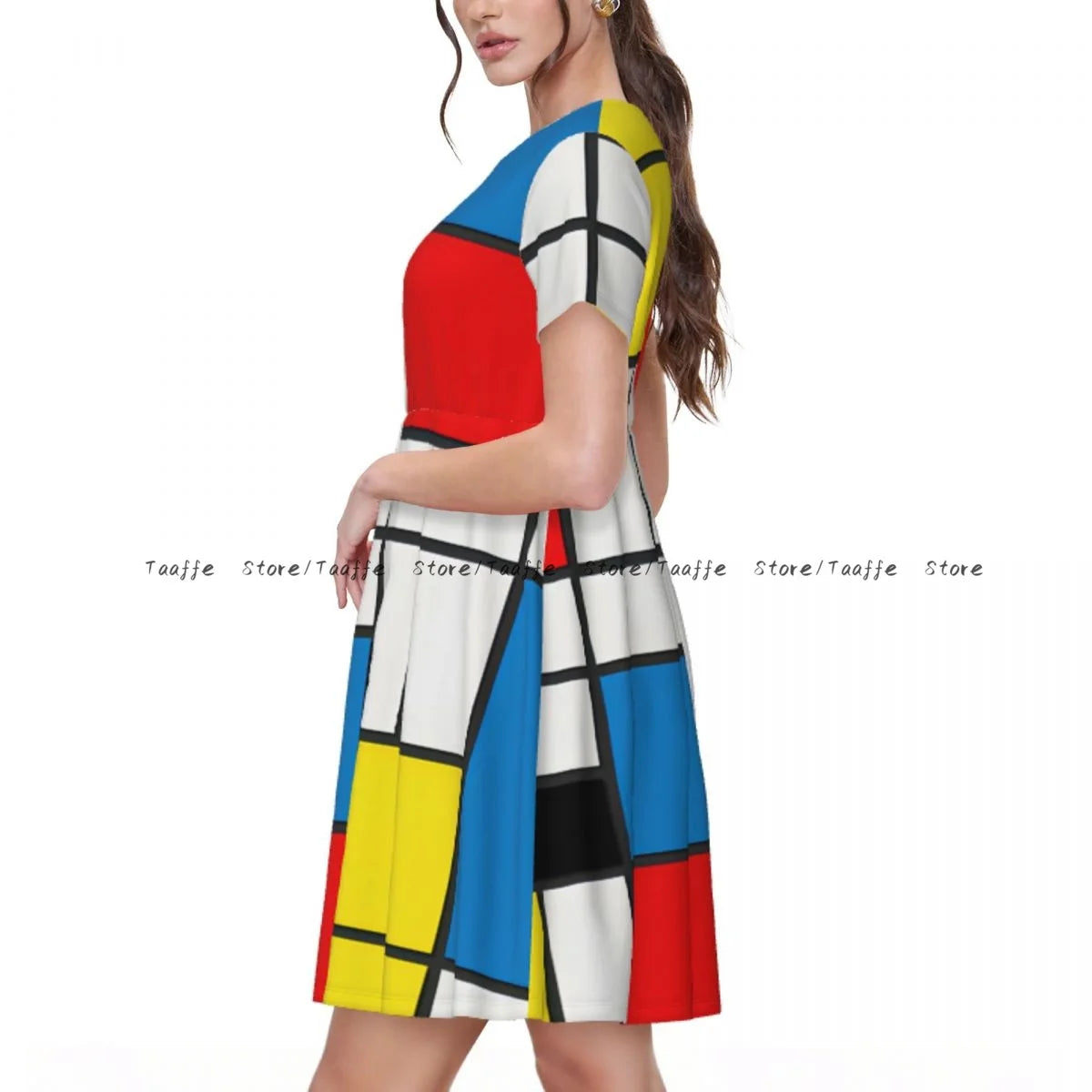 Elegant Women Dress Piet Mondrian Abstract Cubes Turn-down Collar Short Sleeve Body-Shaping Street Robe - Urban Heaven Co