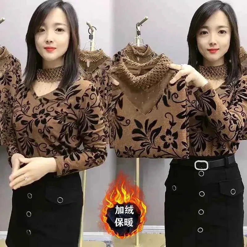 Add Velvet Lace Bottoming Shirt Blouse Women&