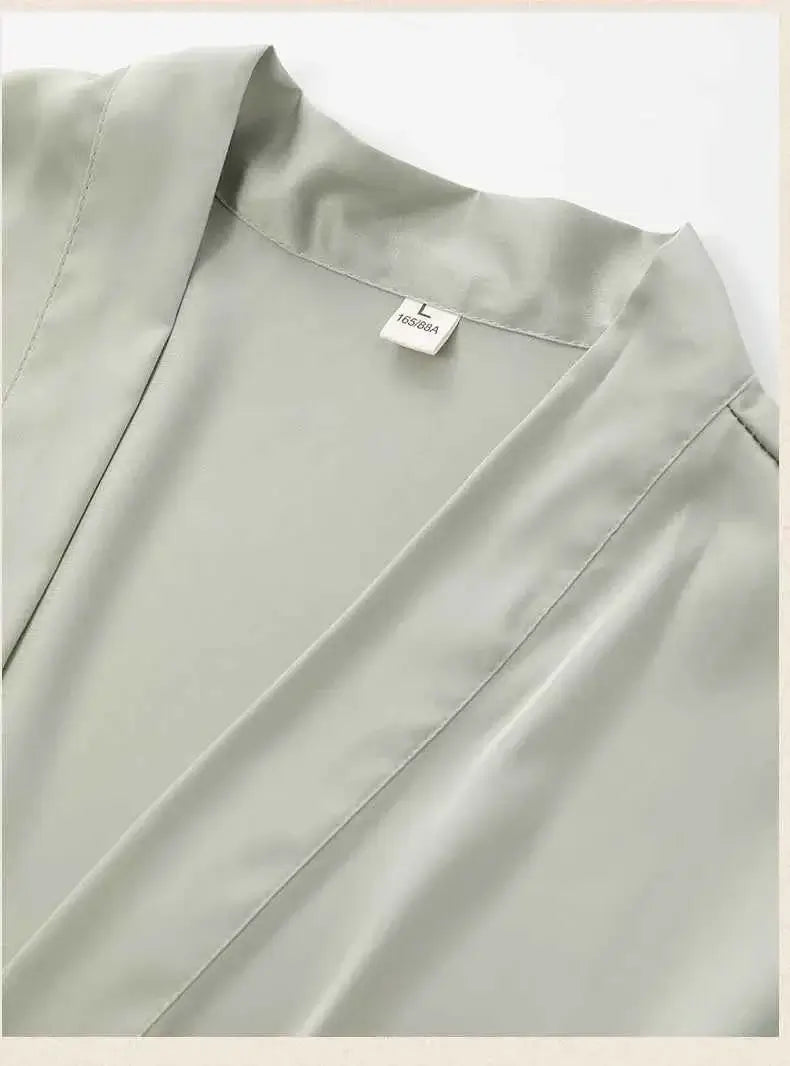 Sexy Lace Trim Nightgown Kimono Bathrobe Gown Loose Silk Satin Home Wear Loungewear Sleepwear Summer New Female Twinset Robe Set - Urban Heaven Co