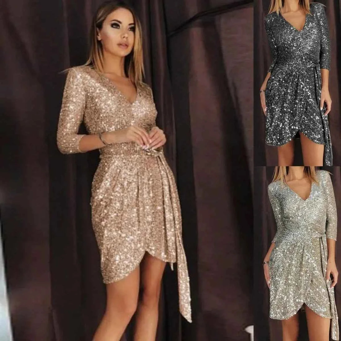 Shiny Sequin Mini Dress for Middle East Women - Semi-Off-Shoulder Glittering Gown in Three Colors, V-neck Regular Size - Urban Heaven Co