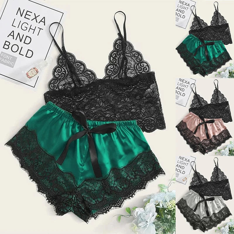 1 Pajamas Set Womens Lace Sleepwear Lingerie Crop Tops And Shorts Babydoll Pajamas Underwear Nightwear - Urban Heaven Co