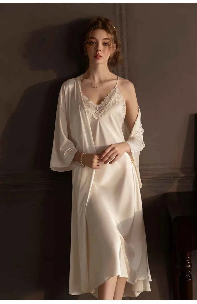 Plus Size Long 2PCS Robe Nightgown Set Pajama Elegant Kimono Bathrobe Gown Sleepwear Summer Sexy Women&