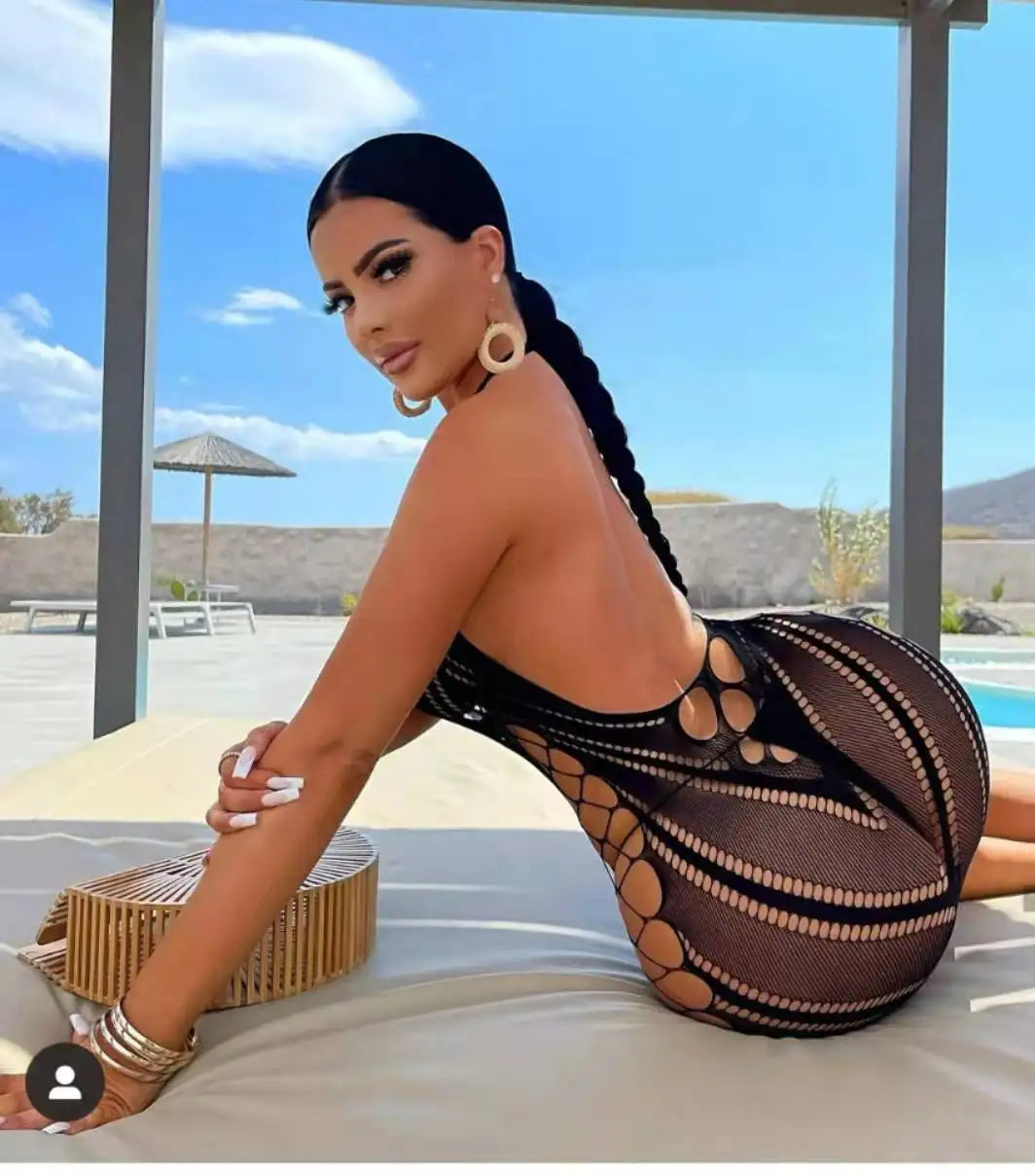 Sexy Women Fishnet Halter Backless Dress Low Cut Tight Pencil Cute Dress Plus Size Mini Dress. - Urban Heaven Co