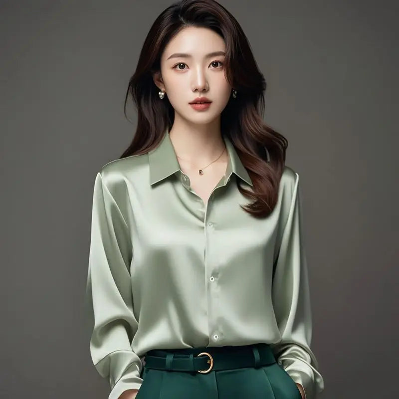 Elegant Silk Office Shirts Women Korean Fashion Y2k Clothes Slim Long Sleeve White Black Blusas Mujer Workwear Tops and Blouses - Urban Heaven Co