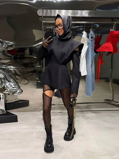 Avant-Garde Women Blazer Solid Jacket with Cutout Shoulders V-neck Full Sleeve for Spring Autumn Fashion Events and Street Style - Urban Heaven Co