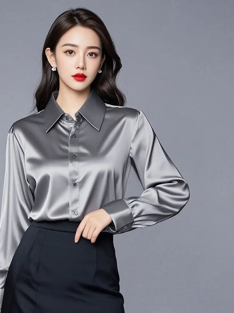 Elegant Silk Office Shirts Women Korean Fashion Y2k Clothes Slim Long Sleeve White Black Blusas Mujer Workwear Tops and Blouses - Urban Heaven Co