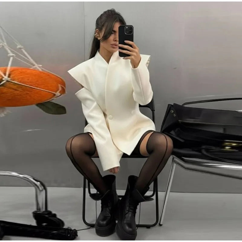 Avant-Garde Women Blazer Solid Jacket with Cutout Shoulders V-neck Full Sleeve for Spring Autumn Fashion Events and Street Style - Urban Heaven Co