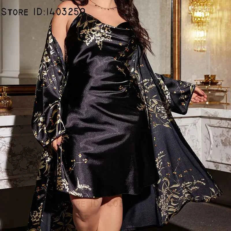 2PCS Robe Set Nightgown Print Flower Kimono Bathrobe Gown Plus Size Silk Satin Sleepwear - Urban Heaven Co