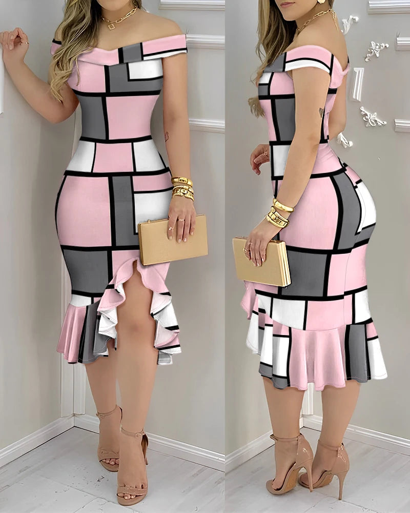 Spring Geometric Color Block Printed Ruffle Hem Off Shoulder Short Sleeved Casual Daily Midi Dress - Urban Heaven Co