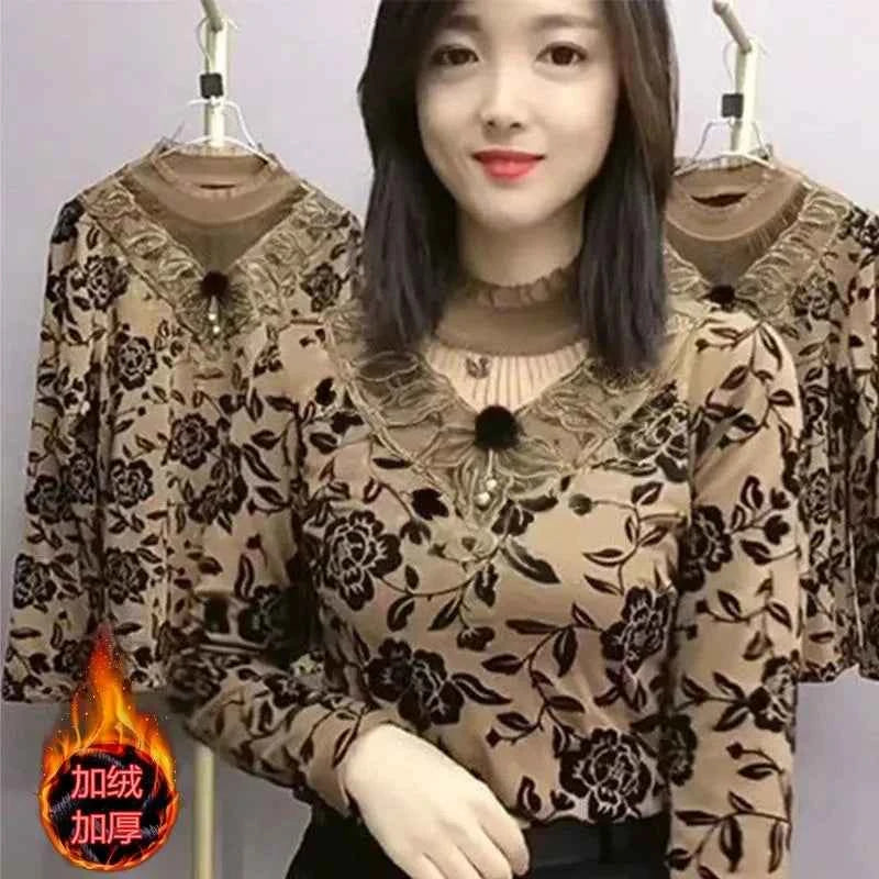 Add Velvet Lace Bottoming Shirt Blouse Women&