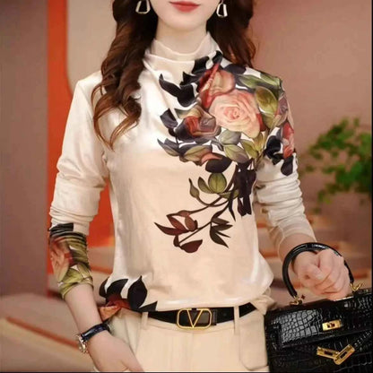 Advanced Sense Spring New High Density Velvet Fashion Flower Long Sleeved Half High Collar Comfortable - Urban Heaven Co
