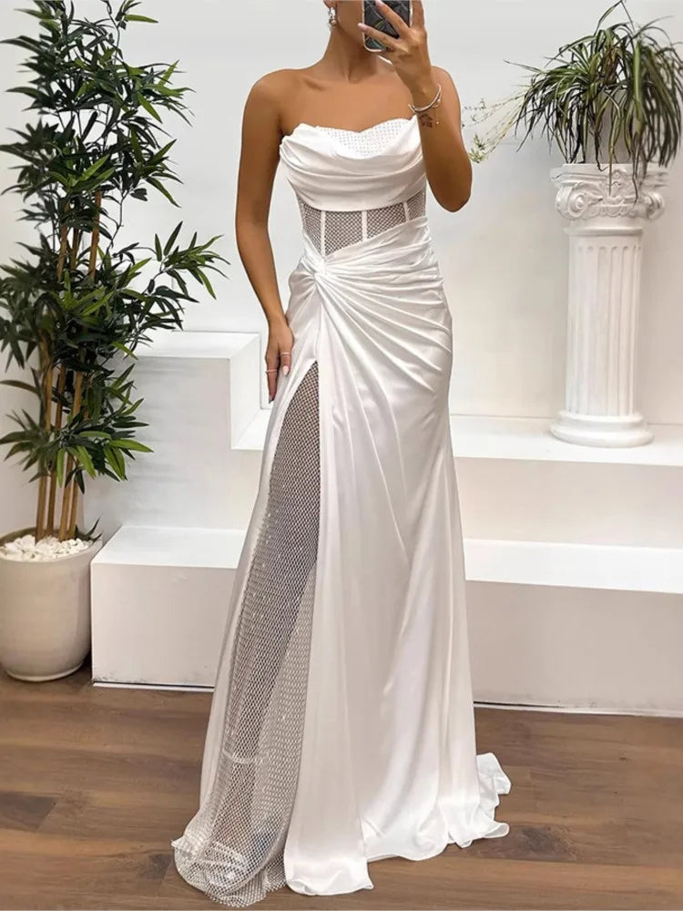 Elegant Strapless Sequin Party Dress for Women - Spring Summer High Slit Fashion Dress - Urban Heaven Co
