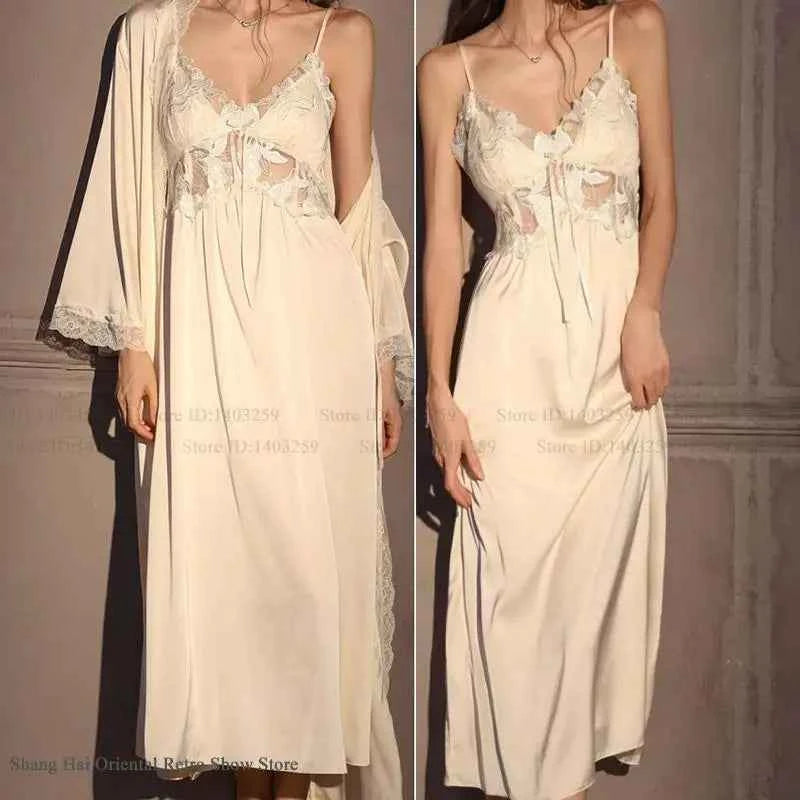 Elegant Female Long Robe Set Nightgown Silky Ice Silk Sleepwear - Urban Heaven Co