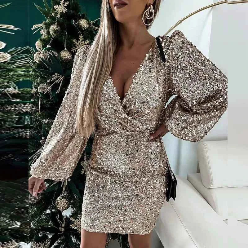 New V Neck Sequin Party Dress with Puff Shoulders | Sexy Bodycon Mini Dress for Office Ladies - Urban Heaven Co