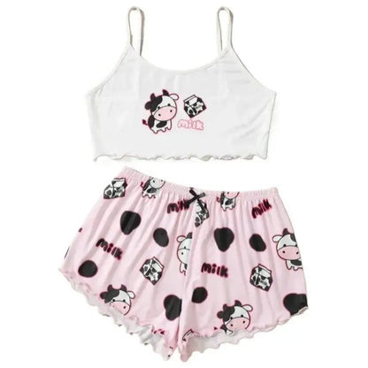 Women 2 Pieces Pajamas Set Cute Cow Print Sleeveless Top and Shorts Sleepwear Casual Homewear Loungewear Pijamas