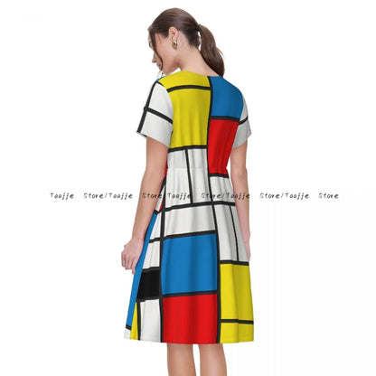 Elegant Women Dress Piet Mondrian Abstract Cubes Turn-down Collar Short Sleeve Body-Shaping Street Robe - Urban Heaven Co