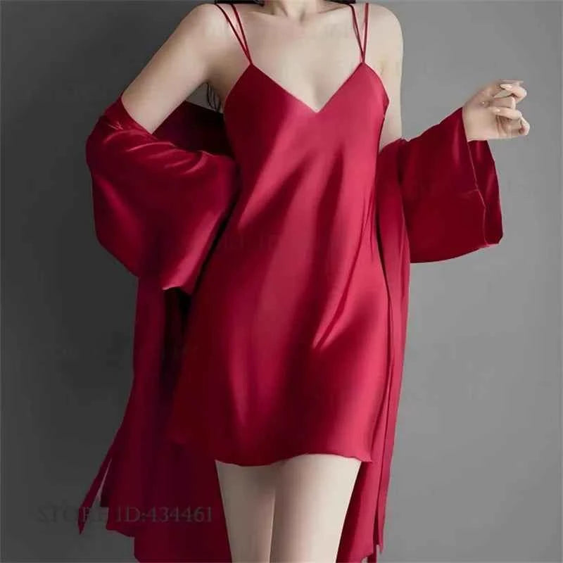 Sexy Lingerie Female Twinset Robe Set Nightgown Spring Summer New Backless Nightdress Sleepwear Loose Ice Silk Homewear Pajama - Urban Heaven Co