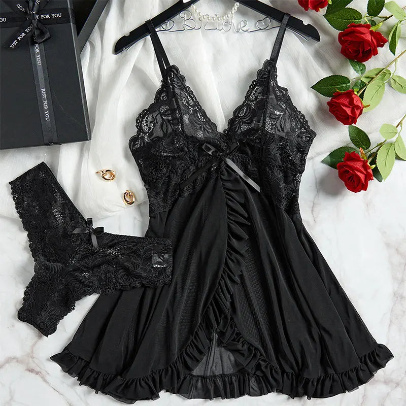 Suspender Suit Summer Ultra-thin Sexy Lace Nightgown Thong Set Women&