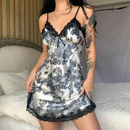 Print Flower Chemise Sleepwear Nightgown Short Summer Sexy Spaghetti Sling Homewear Satin Lace Patchwork Female Nightdress - Urban Heaven Co