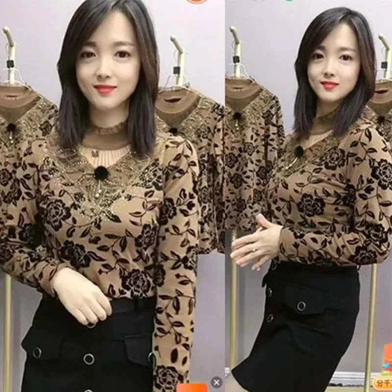 Add Velvet Lace Bottoming Shirt Blouse Women&