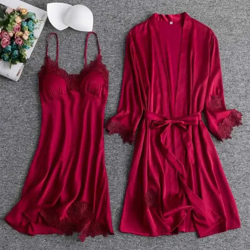 Sexy Lace Trim Nightgown Kimono Bathrobe Gown Loose Silk Satin Home Wear Loungewear Sleepwear Summer New Female Twinset Robe Set - Urban Heaven Co