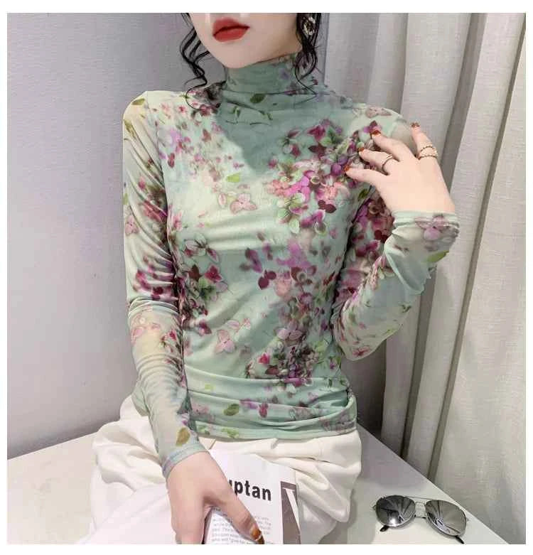 T Shirt Women Turtleneck Full Sleeve Printed Flowers Base Tees Female Sweet T-shirts - Urban Heaven Co