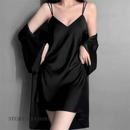 Sexy Lingerie Female Twinset Robe Set Nightgown Spring Summer New Backless Nightdress Sleepwear Loose Ice Silk Homewear Pajama - Urban Heaven Co