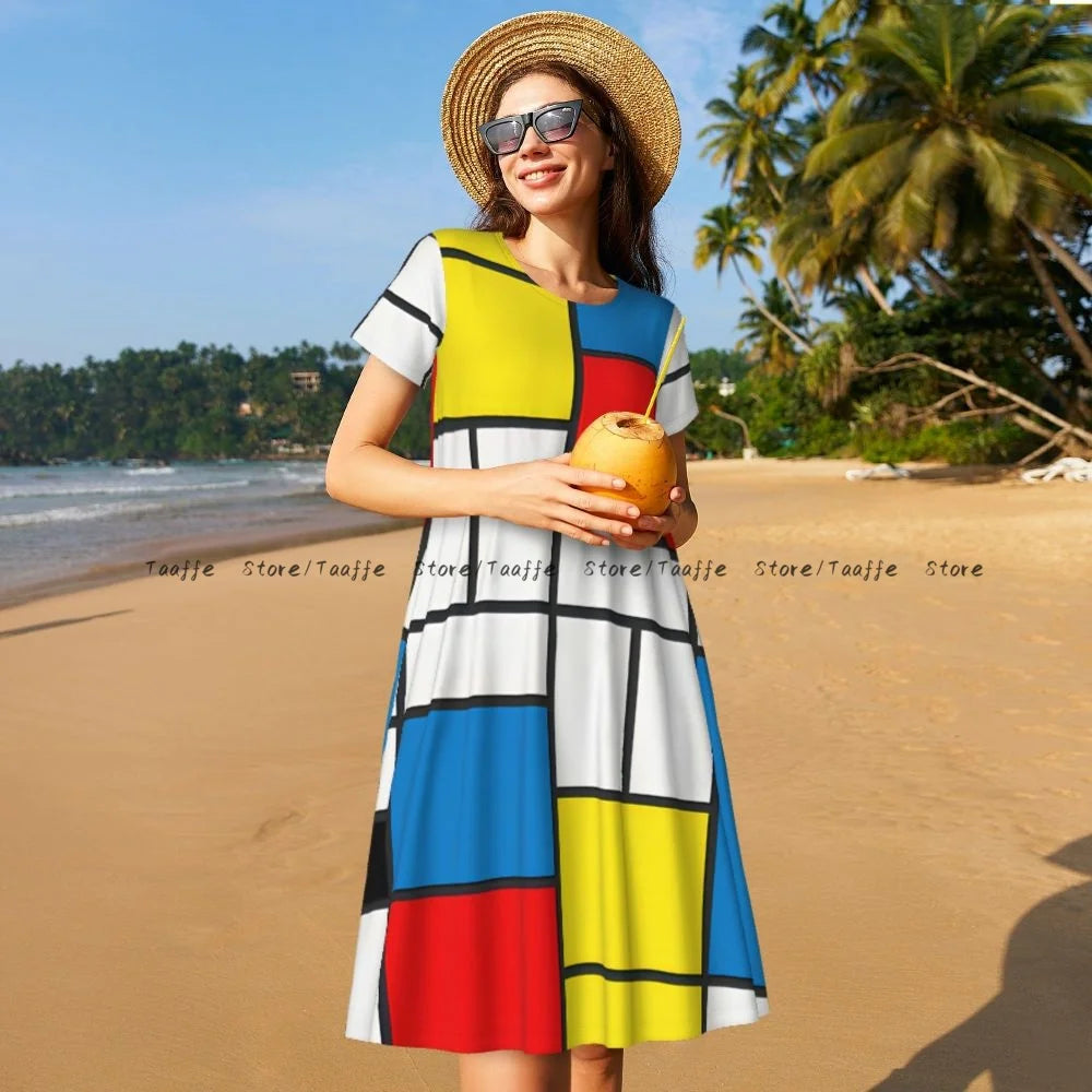 Elegant Women Dress Piet Mondrian Abstract Cubes Turn-down Collar Short Sleeve Body-Shaping Street Robe - Urban Heaven Co