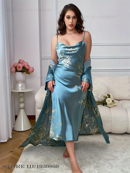 Large Size Female 2Pcs Robe Set Nightgown Print Cherry Long Kimono Bathrobe Gown Sleepwear. - Urban Heaven Co