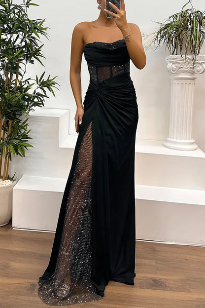 Elegant Strapless Sequin Party Dress for Women - Spring Summer High Slit Fashion Dress - Urban Heaven Co