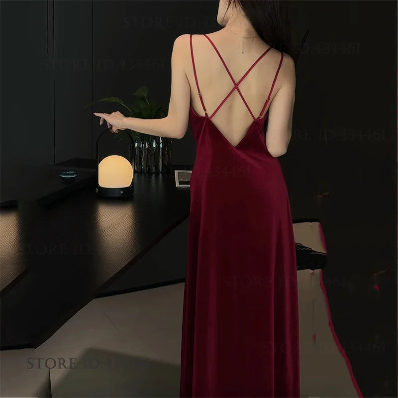 Burgundy Velvet Bride Wedding Long Robe Nightgown Set Negligee Elegant Lace Backless Nightdress Bathrobe Homewear Sexy Lingerie - Urban Heaven Co