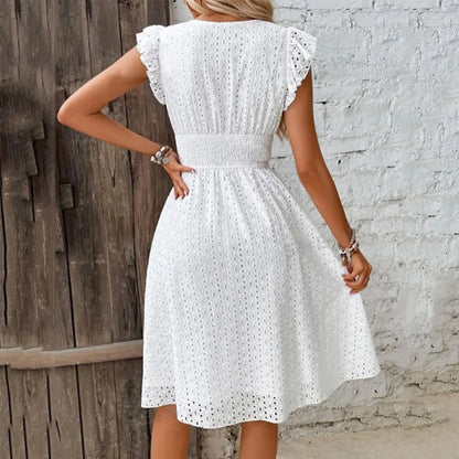 Summer Women V-Neck Beach Dress Flare Sleeve Solid Color Hollow Lace Waist Dress. - Urban Heaven Co