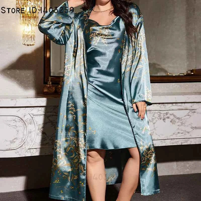 2PCS Robe Set Nightgown Print Flower Kimono Bathrobe Gown Plus Size Silk Satin Sleepwear - Urban Heaven Co